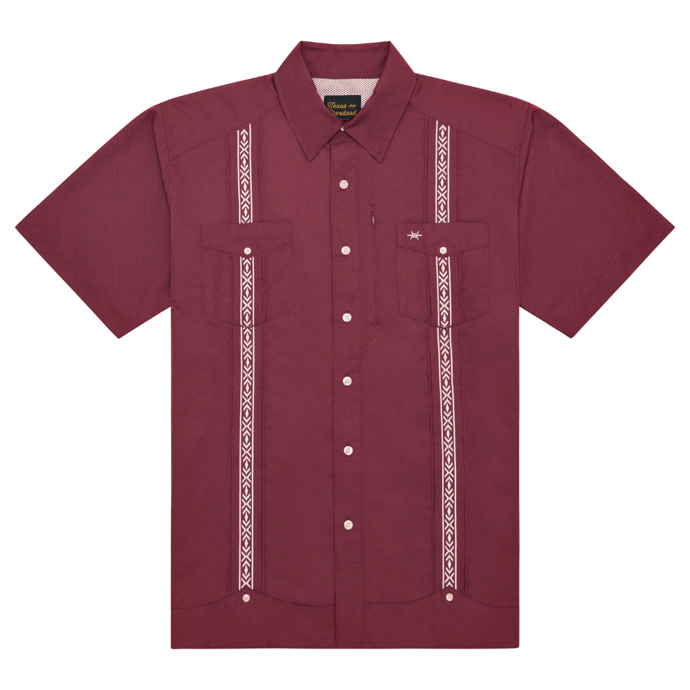 Traditional Guayabera Shirt Regular Linen Long Sleeve. Red Color.